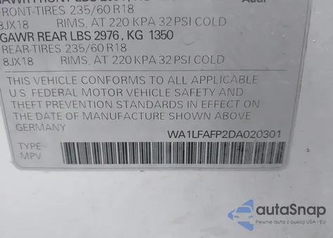 2013 Audi Q5 2.0T Premium z USA, uszkodzony, nr VIN WA1LFAFP2DA020301